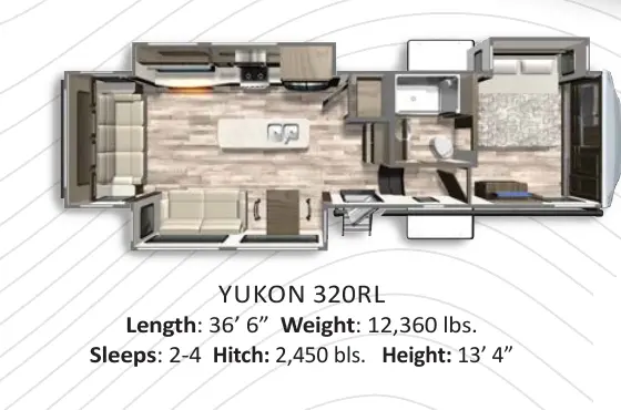 Official 2021 Dutchmen Yukon 320RL floorplan with 36-foot 6-inch model length