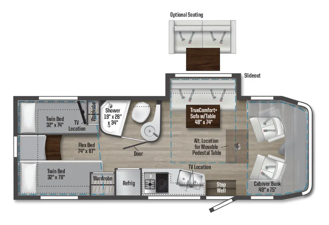 Official 2022 Winnebago View 24V floorplan with rear twin beds and Flex Bed king conversion